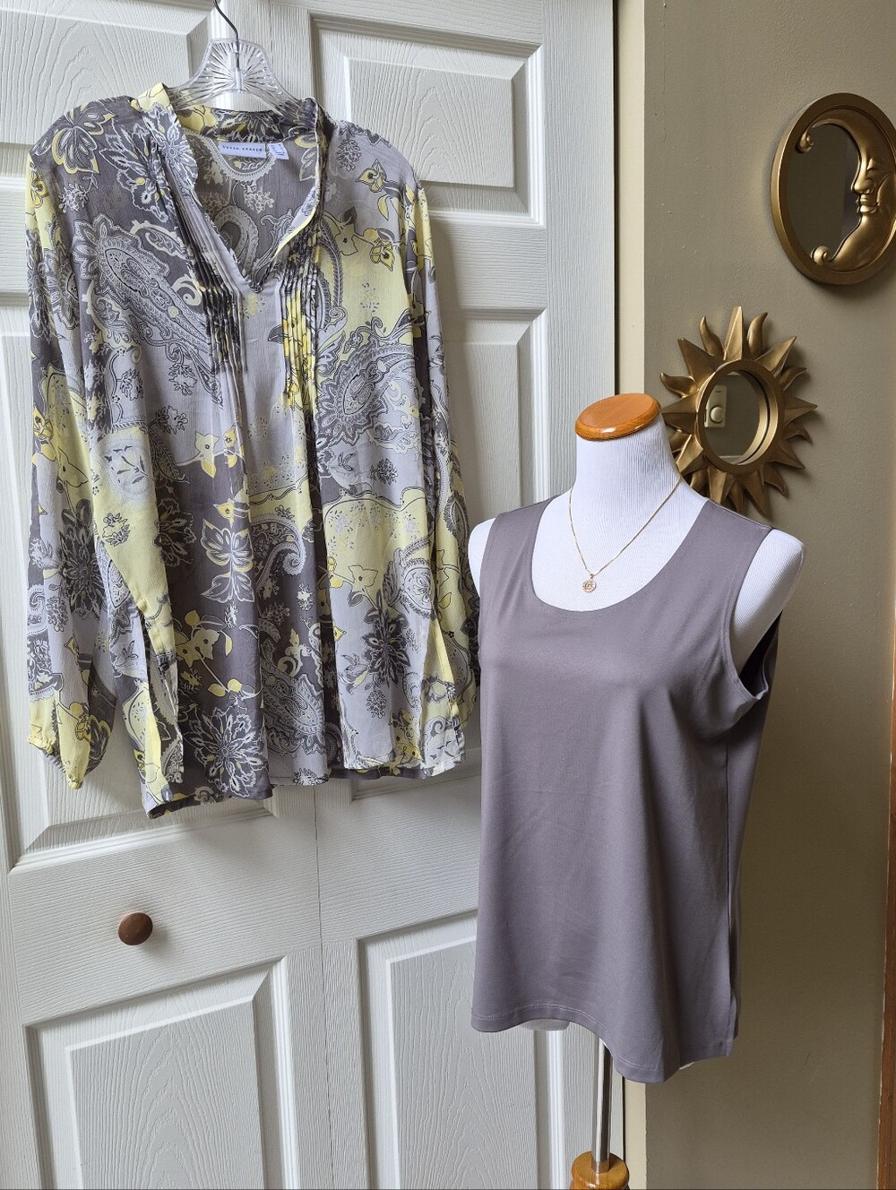 Susan Graver Gray Sleeveless Tank & Yellow-Gray Paisley Button Blouse